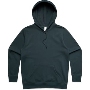 A dark hoodie featuring a front pocket and a drawstring hood, with a brand logo present.
