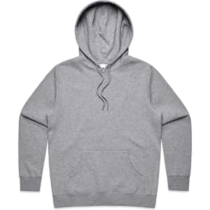 A grey hoodie with a front pouch pocket and a drawstring hood, featuring a logo.