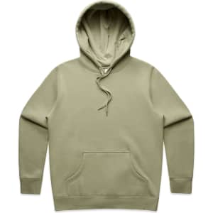 A sage green hoodie with a front pocket and an adjustable hood, featuring a logo on the front.