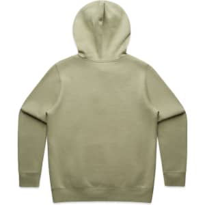 A green hoodie with a spacious hood, featuring long sleeves and a simple design. It has a logo on it.