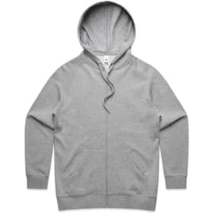 A grey zip-up hoodie featuring a hood and front pockets, with a branding logo.