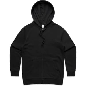 A black zip-up hoodie with a hood and a front zipper, featuring long sleeves and a pouch pocket.