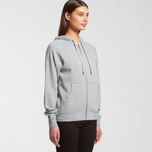 A grey zip-up hoodie with a hood and front pockets, featuring a logo on the side.