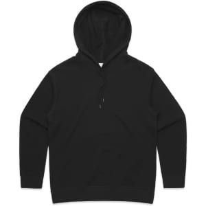 A black hoodie featuring a kangaroo pocket and a drawstring hood. It has a logo on the front.