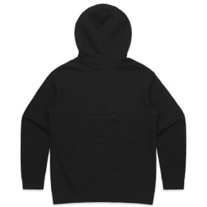 A black hoodie with a hood and long sleeves, featuring a plain back and fitted cuffs.