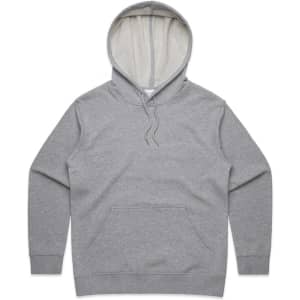 A grey hoodie with a lined hood and front pocket, featuring a logo.