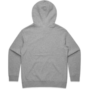 A grey hoodie with a hood, featuring long sleeves and a simple design. It has a logo on the back.