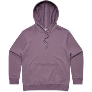 A purple hoodie featuring a front pocket and a drawstring hood, designed for casual wear.