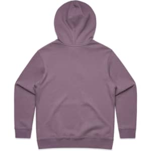 A purple hoodie with a hood and long sleeves, featuring a simple design and a logo on the back.