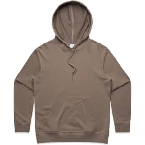 A brown hoodie featuring a front pocket and adjustable drawstring hood. It has a logo on the front.