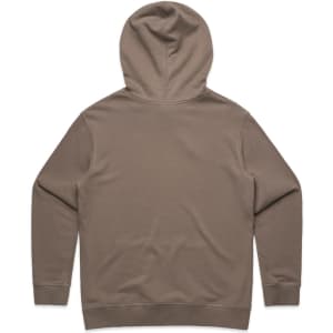 A premium hooded jumper in a soft brown colour, featuring a simple design and a logo on the back.