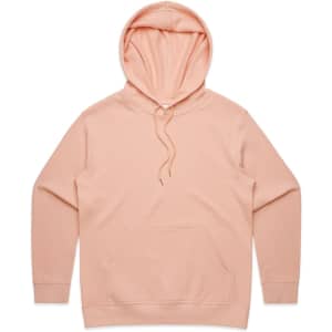 A peach-coloured hoodie with a front pocket, adjustable hood, and a logo. Soft, casual design.