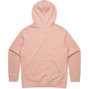 A pink hoodie featuring a hood and long sleeves, with a plain back design. The item has a logo.