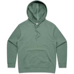 A green hooded jumper with a front pocket and drawstring hood. It features a simple design and has a logo.