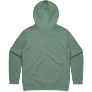 A green hoodie with a hood and long sleeves, featuring a brand logo on the back.