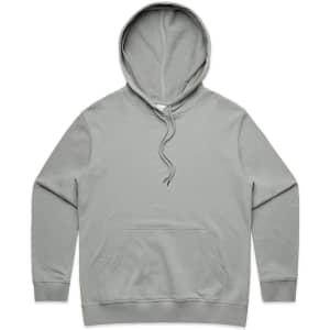A light grey hoodie with a front pocket and a drawstring hood, featuring a branding logo.