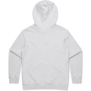 A grey hoodie with a kangaroo pocket and a hood, featuring a branding logo on the back.