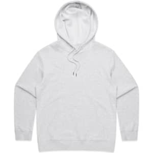 A light grey hoodie featuring a kangaroo pocket and a drawstring hood. It has a logo on the front.