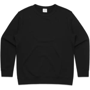 A black sweater with a simple design, featuring a crew neck and long sleeves. It has a logo on the front.
