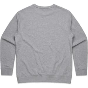 A grey crew jumper with long sleeves and a classic fit. It features a logo on the back.