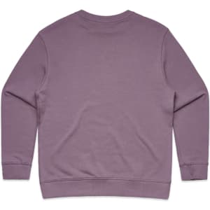 A lavender sweater with long sleeves, featuring a plain back and a ribbed hem. It includes a branding logo.