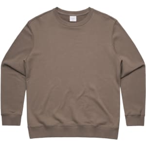 A plain khaki crew jumper with long sleeves, featuring a subtle logo on the neckline.