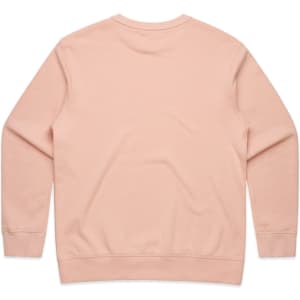 A pink jumper with a crew neck and ribbed cuffs, featuring a plain back and a logo.