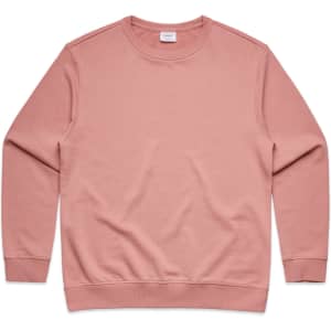 A pink sweater with a crew neck and long sleeves. The garment has a tag and features a logo.