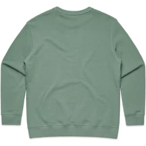 A green crew jumper featuring a plain back design and long sleeves. The garment has a logo.