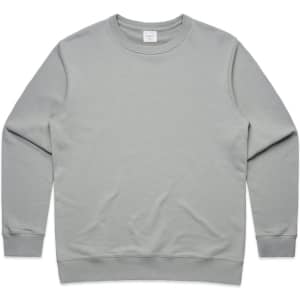 A light grey crew jumper with a round neckline and long sleeves. It features a logo on the garment.