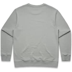 A light green crew jumper with a simple design and a logo on the back.
