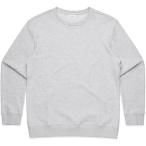 A grey crew jumper featuring long sleeves and a simple design. It has a logo on the label.