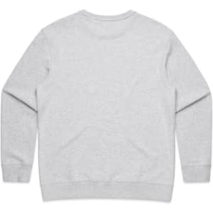 A light grey crew jumper with long sleeves and a rounded neckline. It features a simple design on the back and has a logo.
