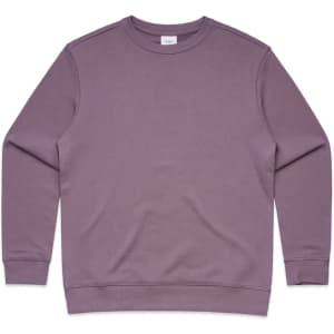 A purple crew jumper with a round neckline and long sleeves. It features a minimalist design and has a logo.
