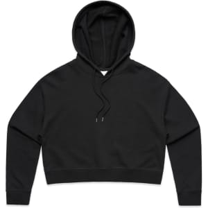 A black cropped hoodie with a hood, featuring long sleeves and a relaxed fit. Includes a logo detail.