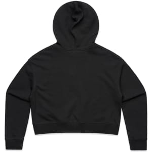 A black cropped hoodie with a hood, featuring a simple design and a snug fit.