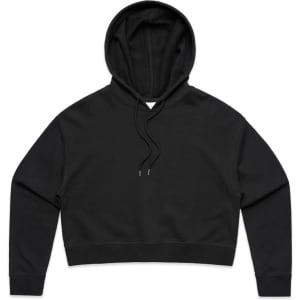 A black cropped hoodie featuring a drawstring hood and long sleeves, with a branded logo.