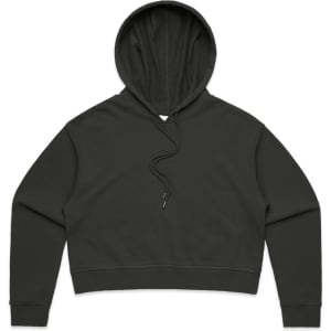 A cropped hoodie in dark grey, featuring a hood and long sleeves. It has a simple design with no visible logos.