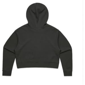 A dark grey cropped hoodie with a hood and long sleeves, featuring a minimalistic design and logo.
