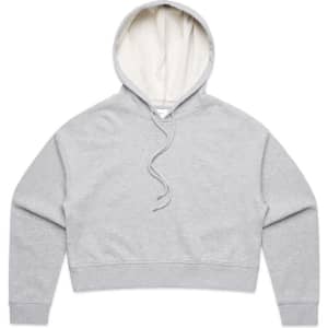 A grey cropped hoodie with a light-coloured lining and a front pocket. It has a drawstring hood and long sleeves.