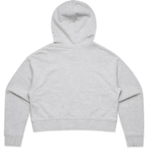 A grey cropped hoodie with a hood and long sleeves, featuring a simple design. It has a logo on it.