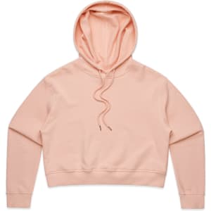 A peach-coloured crop hoodie with a hood and long sleeves, featuring a simple design and a logo.