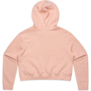 A pink cropped hoodie with a hood and long sleeves, featuring a plain design and a small logo detail.