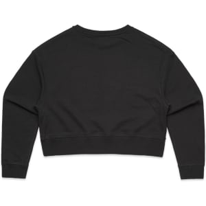 A black cropped jumper with long sleeves and a simple design, featuring a logo on the back.