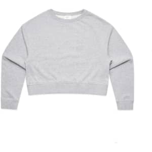 A grey cropped crew jumper with long sleeves and a ribbed hem. It features a branding logo.