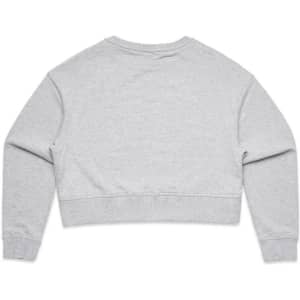 A grey cropped jumper with long sleeves and a ribbed hem, featuring a logo on the back.