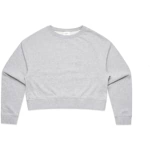 A grey cropped sweater with long sleeves and a round neckline, featuring a subtle branding logo.