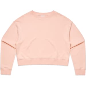 A light pink cropped jumper with long sleeves and a simple design. It features a logo on the garment.