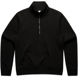 A black half zip crew jumper featuring a fleece fabric and a zipper at the neck. It has a simple design and a logo.
