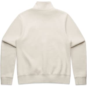 A cream-coloured crew jumper featuring a half zip and a plain back design. Includes a logo on the back.